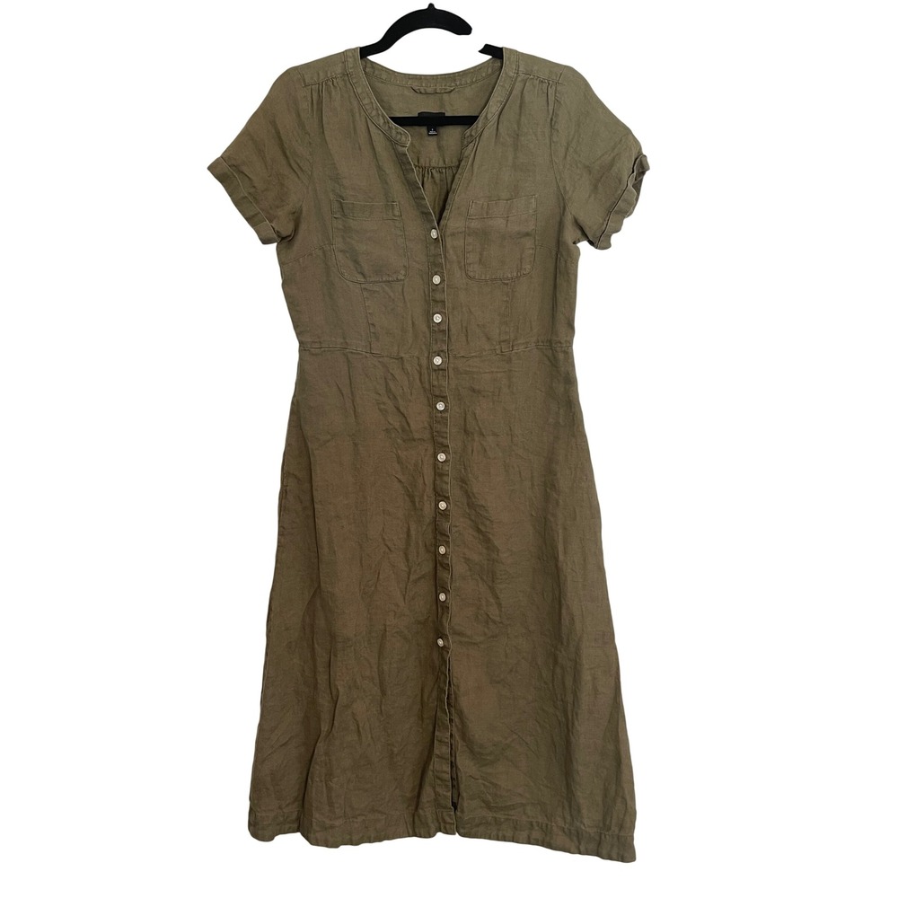 Talbots Olive Green 100% Linen Button Front Midi Shirtdress Size 2 Short Sleeve